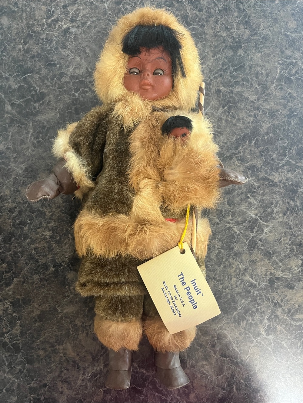 Inuit-Themed Plush Doll in Brown and Tan Fur Outfit